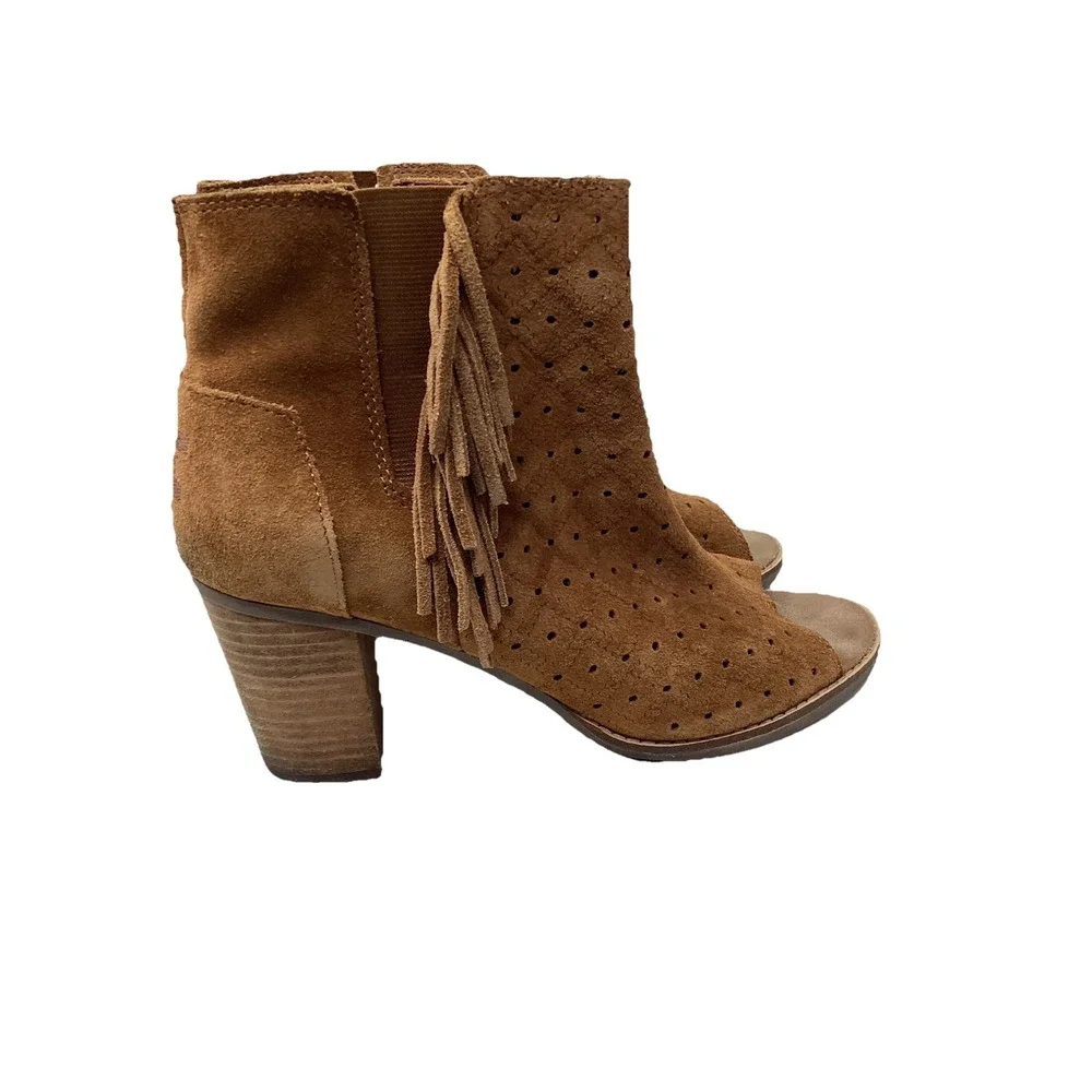 TOMS Majorca Cinnamon Brown Open Peep Toe Fringe Booties 3